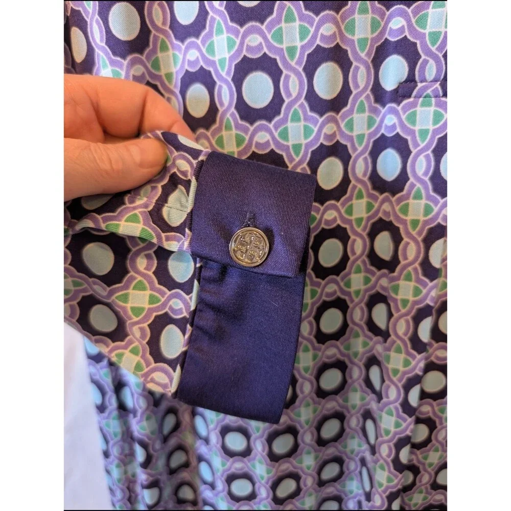 Tory Burch Silk Jersey Shift Dress Purple Teal Geometric Logo Button Mini Medium